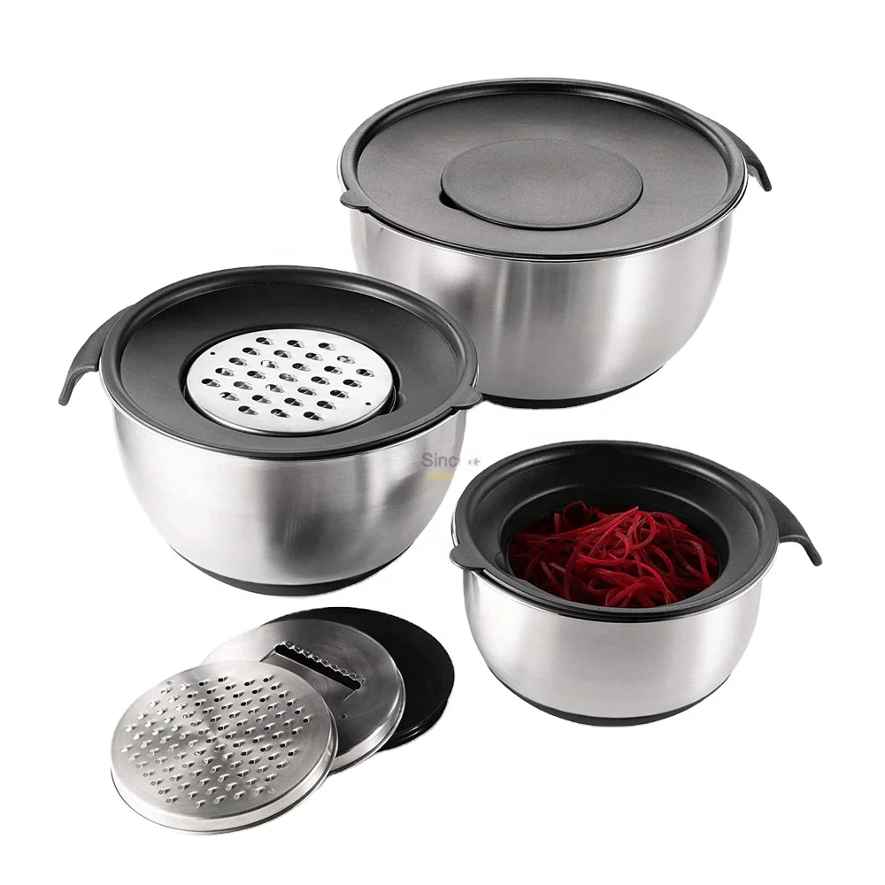 

Amazon Top selling stainless steel mixing bowls with handle and lid with 3 graters 1.5qt-3.0qt-5.0qt set pf 3, Red/black