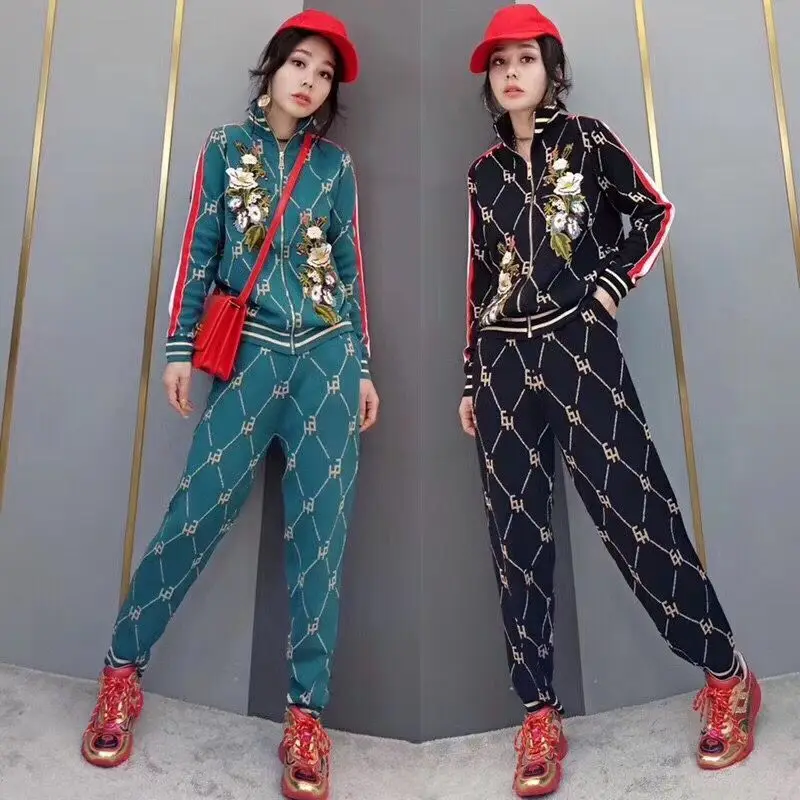 

Ins western style fashion loose casual sweatshirt pullover with trousers 2021 new arrivals women clothing knit 2 piece set, Green/black