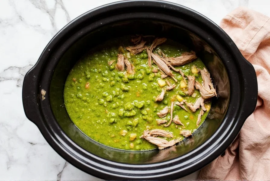 Slow cooker filled with vibrant green pork chili showing tender shredded pork and green sauce