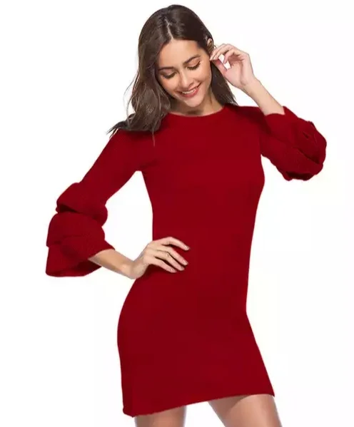 

Amazon Hot Selling Women Round neck pullover Flare Sleeve Fashion knit ladies long sleeve sweater dress
