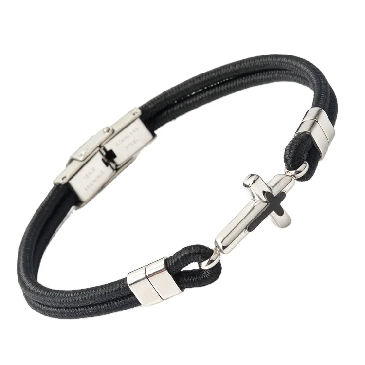 

New Arrival Stainless Steel Black Plating Double Cross Charms Rope Bracelets For Men Jewelry