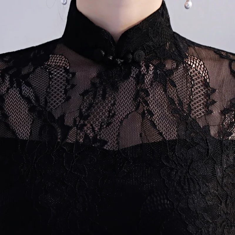 
2019 Latest Designs Chinese Morden fashion Cheongsam Elegant Black Qipao Short lace Dress For Women Party or othr Casual Wear 