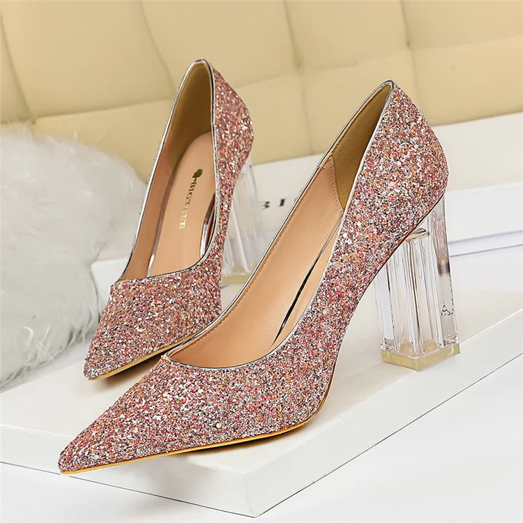

2021 new arrivals fashion sexy night club party pointed crystal women chunky high heels dress shoes heel block, Blue, black, silver, gold, pink, champagne, white