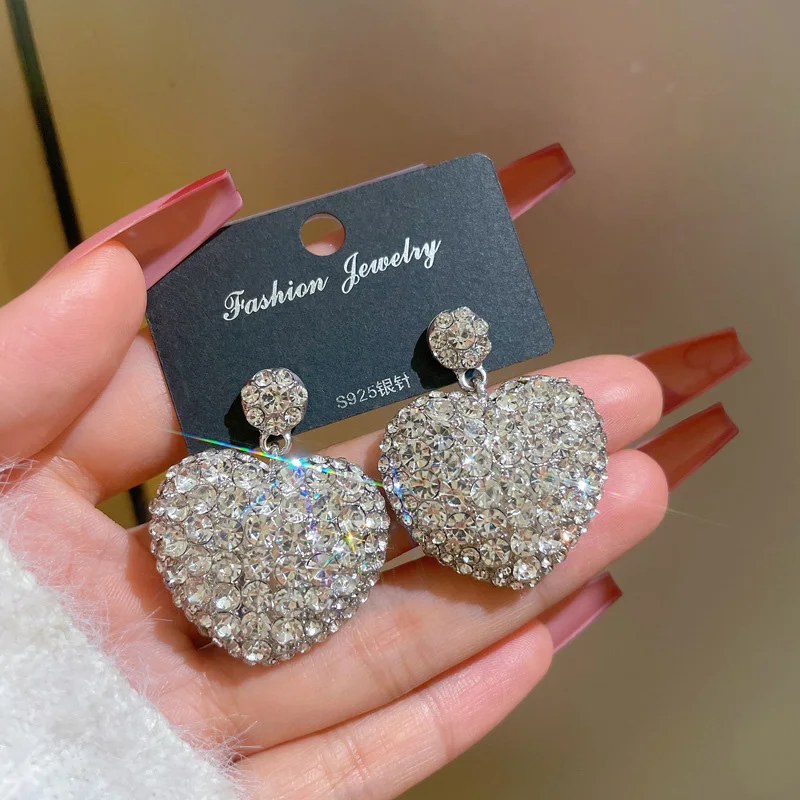 

Trendy Jewelry 925 Sterling Silver Full Rhinestone Stud Earrings Glitter Bling Cubic Zirconia CZ Peach Heart Pendant Earring