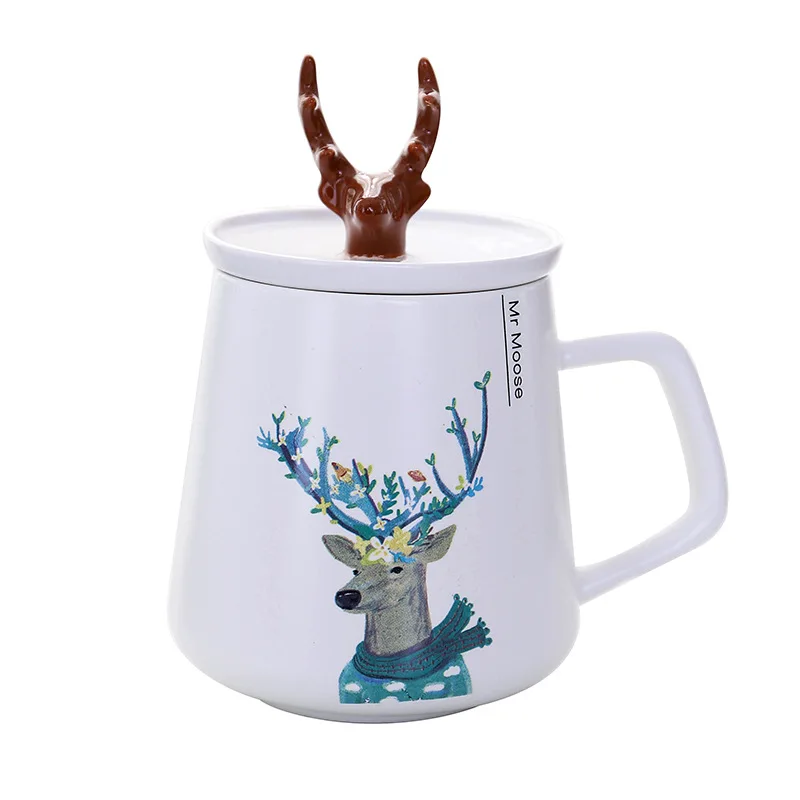 

Nordic style Wholesale Promotional Gift Ins Creative Deer Moose Design Ceramic Mugs 450ml Cartoon Student Couple cup with Lid