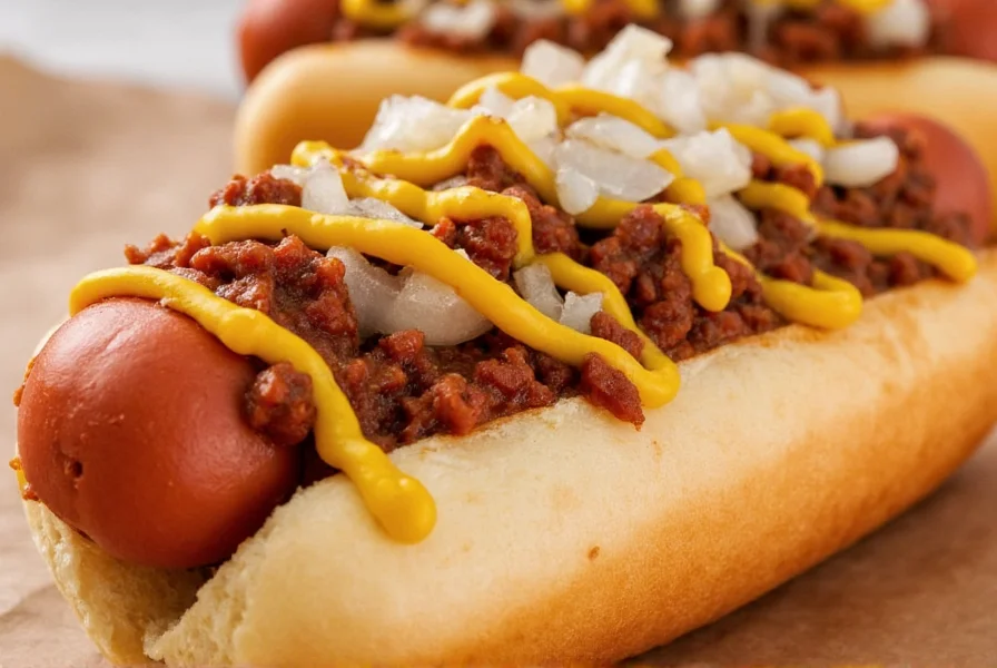 Close-up of Tony Packo's Hungarian hot dog topped with chili, onions, and mustard