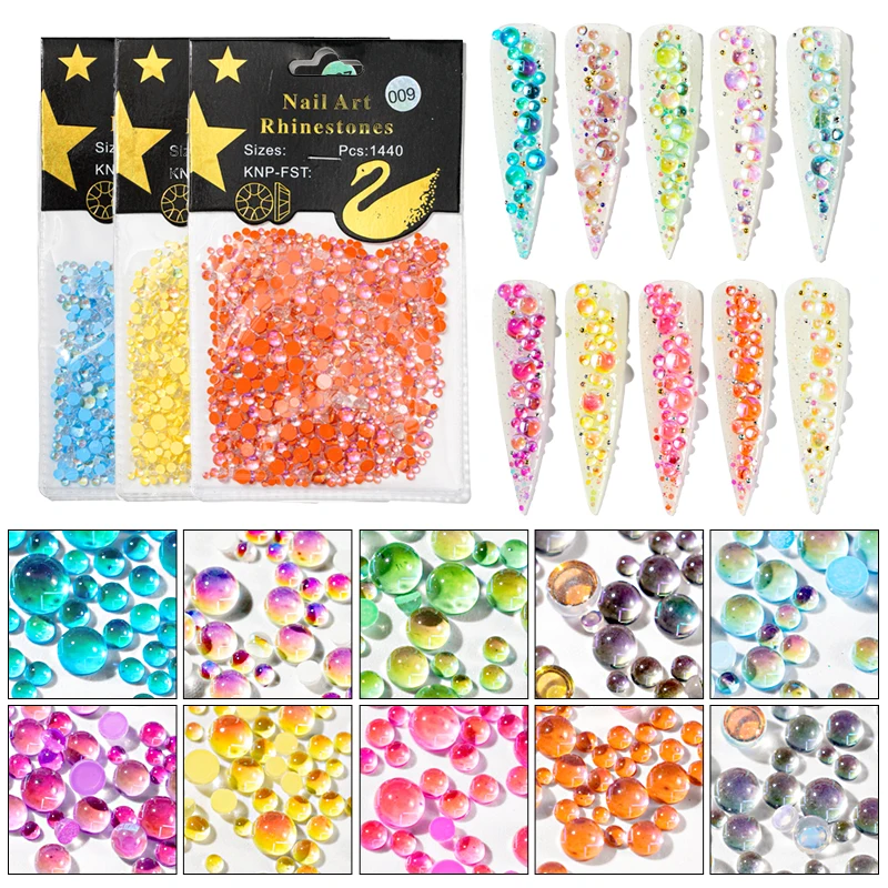 

1440Pcs Mix Sizes Mermaid Symphony Beads Magic Pearl Aurora Glitter Crystal Decoration Nail Art Rhinestones, 6 colors as pictures