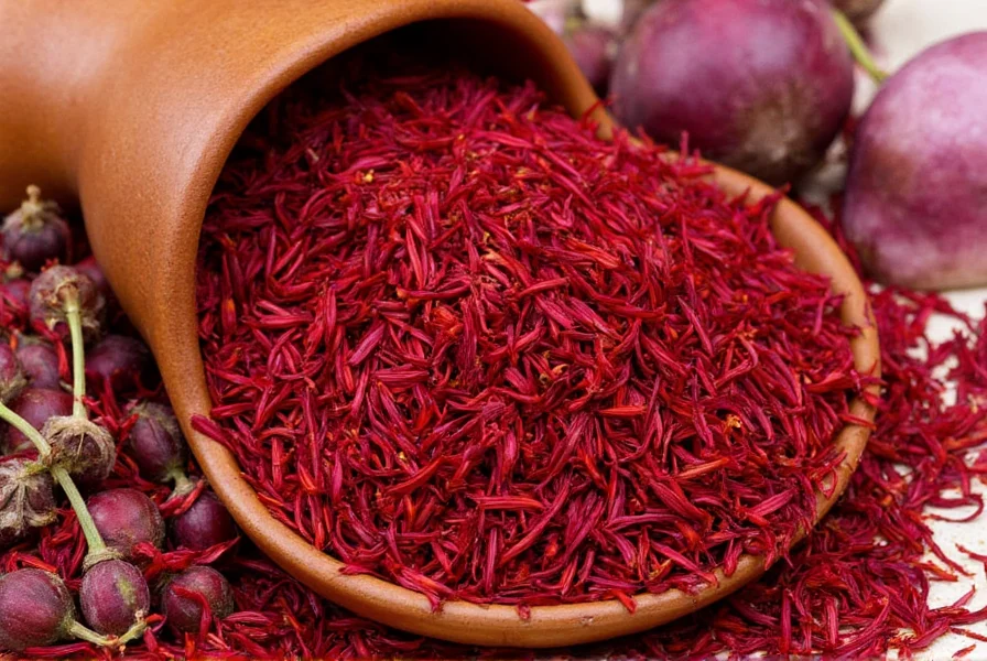 Close-up photograph of saffron harvesting: workers in traditional clothing carefully picking crocus flowers at dawn in Iranian fields, showing the delicate red stigmas