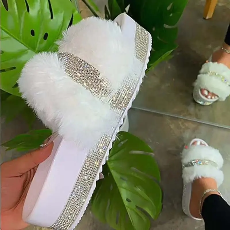 

Popular hot selling diamond fuzzy slides ladies rhinestone shoes women platform furry sandals and slippers, Whit,black,pink
