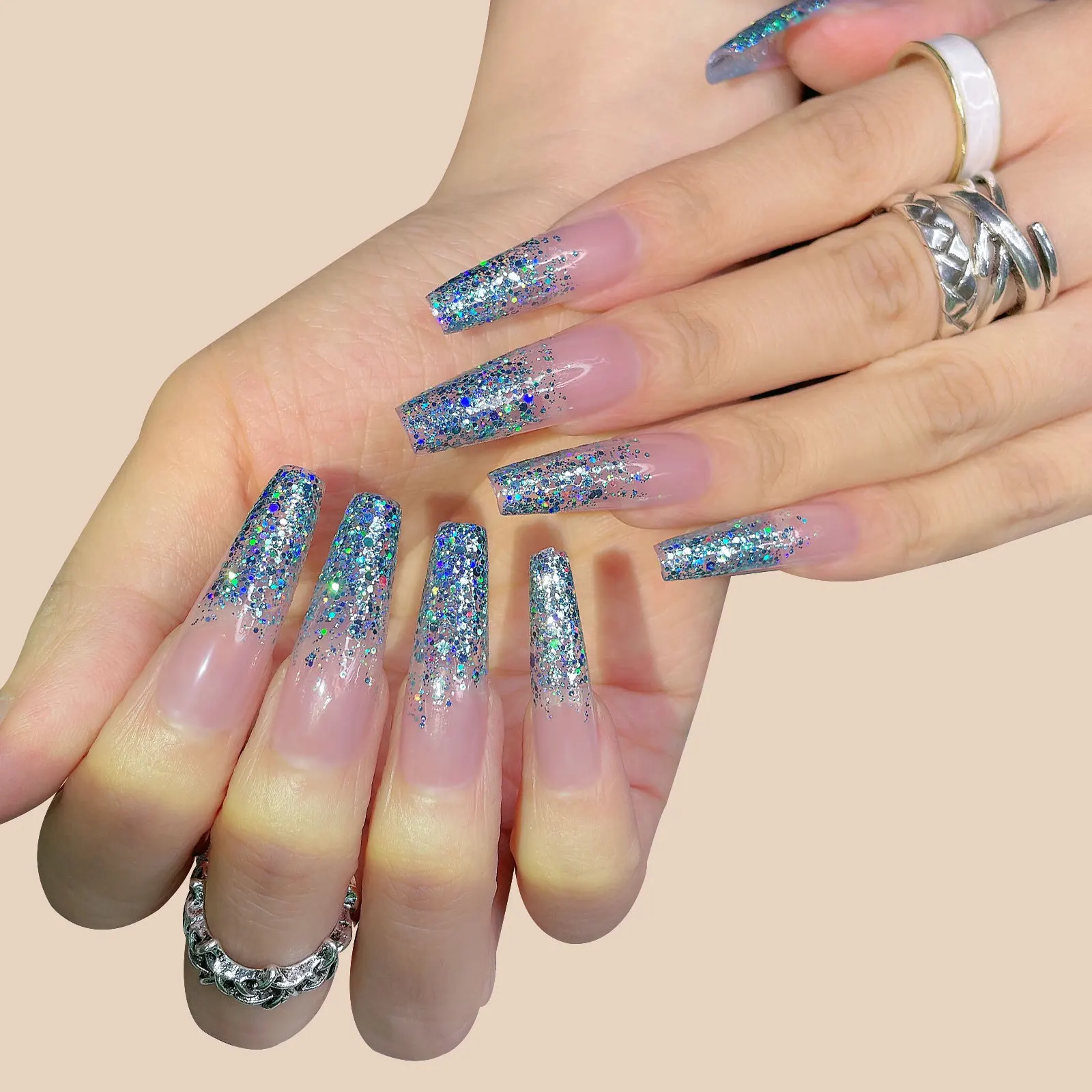 

24pcs press on nail blue false nail glitter long ballet nail detachable artificial fingernail