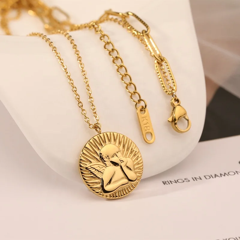 

Wholesale Custom Double Layering Stainless Steel Jewelry Gold Plated Cupid Guardian Angel Wing Aura Sublimation Pendant Necklace