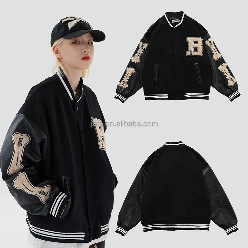 

J&H Fashion high street chenille patch baseball jacket for men and women PU leather patchwork letterman jacket, Customized color