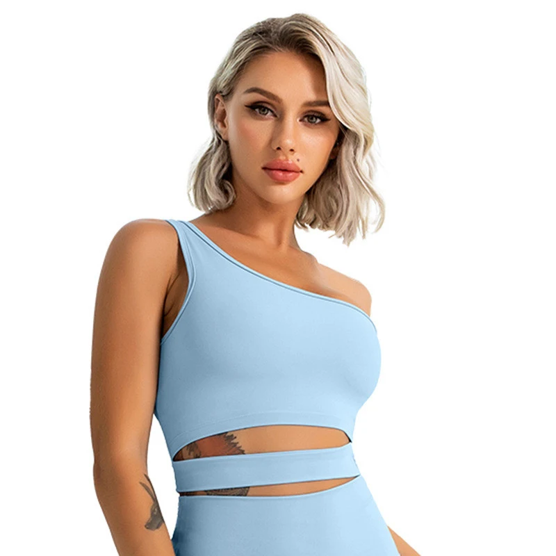 

Wholesale Eco Recycled One Shoulder Outdoor Fitness Female Running Solid Yoga Top Sexy Sports Underwear, Customized colors
