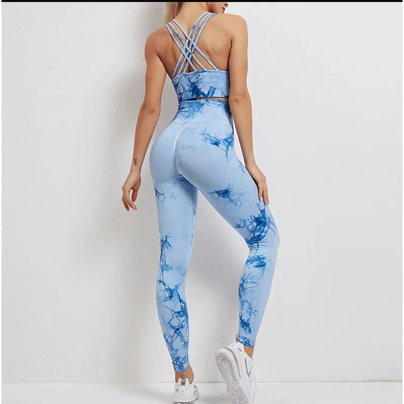 

Two Piece Gym Seamless Tie Dye Active Wear Scrunch Bum Booty Leggings Seamless Woman and Yoga Bra Set