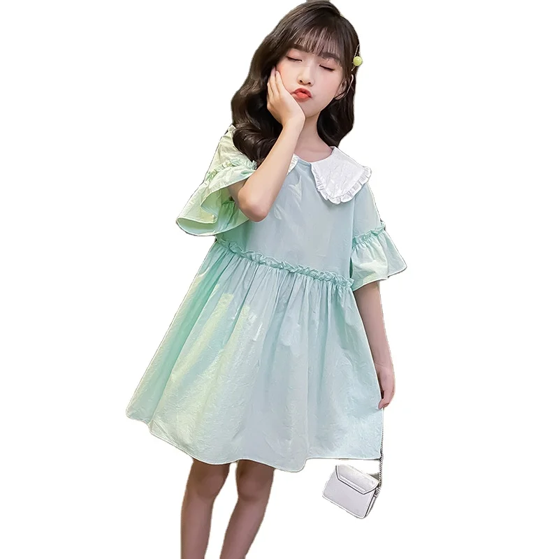 

Girls doll collar cotton skirt short sleeve dress 2020 new summer solid color ruffle skirt