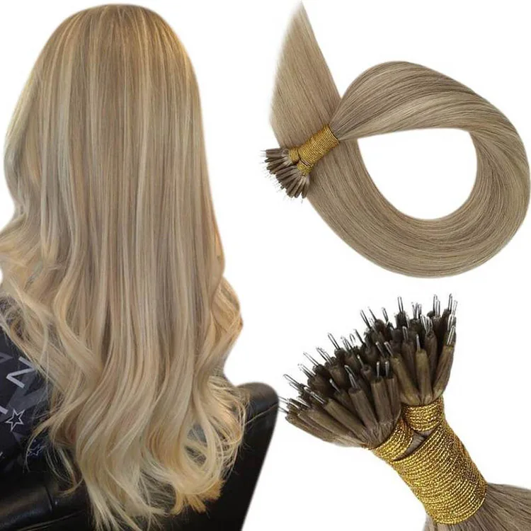 

Full Shine Hair Nano Ring Extensions #16/22 Golden Blonde Highlight Blonde Invisible Remy Nano Tip Hair Extensions Human Hair