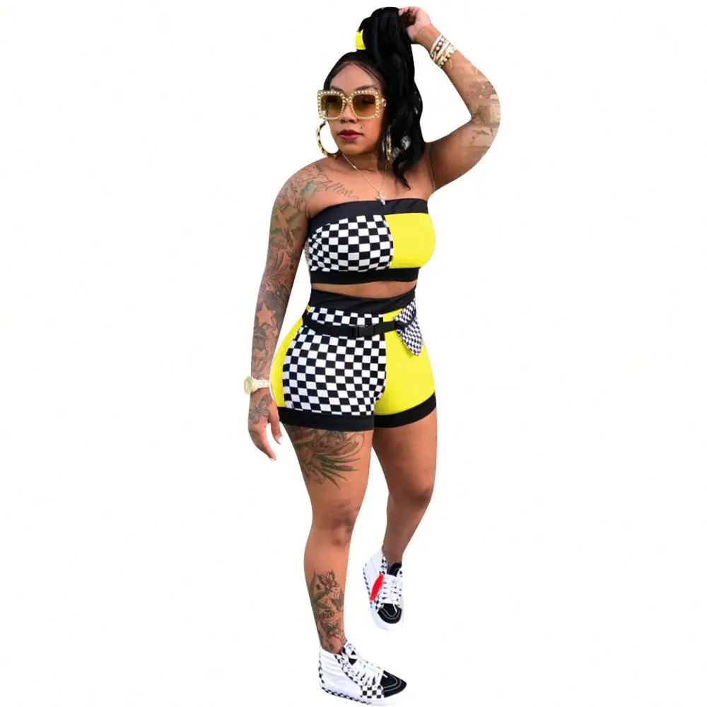 

Hot Selling Summer 5 Colors Women Checked Race 2 Piece Crop Top Short Tracksuits Outfits Two Piece Sweatshirt Set, Shown