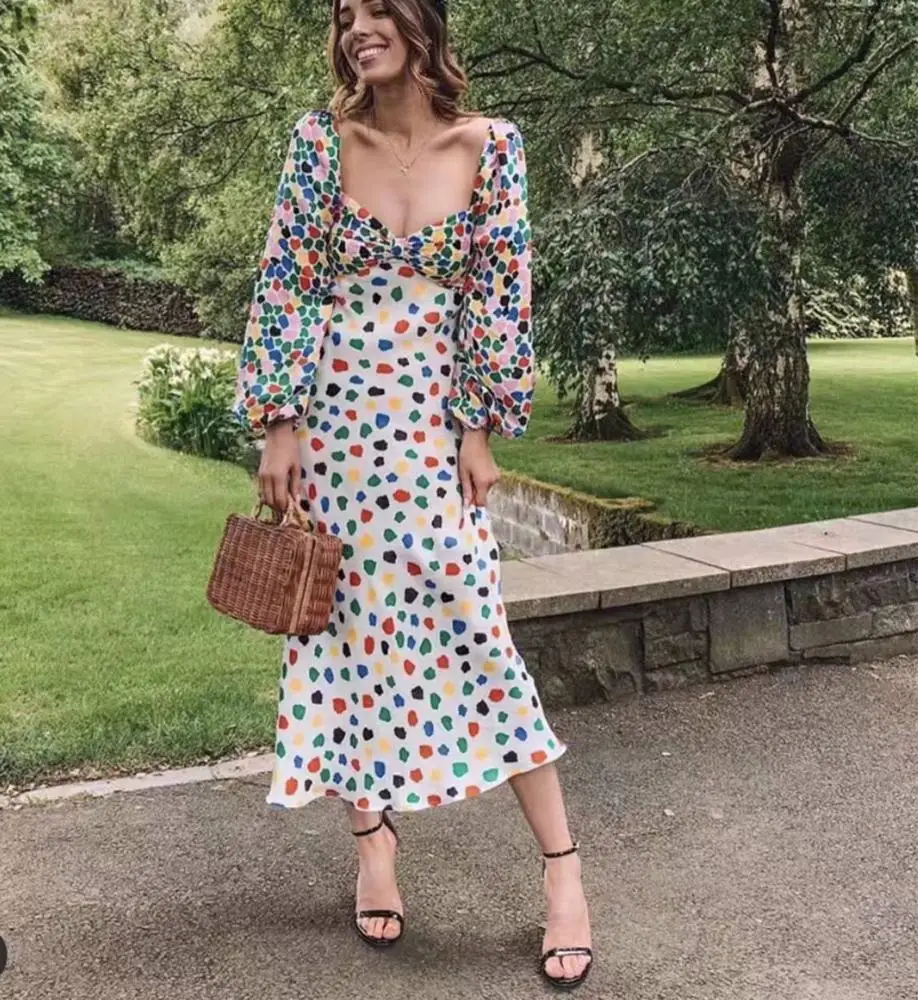Factory wholesale 2020 new arrival fashion design bubble long sleeve vintage polka dot print chiffon ladies casual dresses