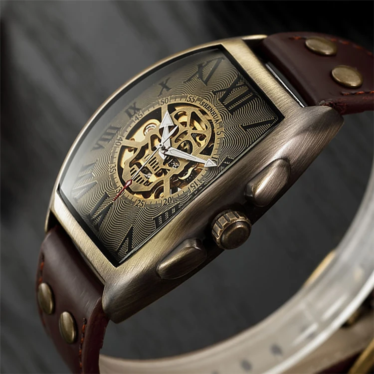 

Transparent Skeleton Automatic Mechanical Watch Men Genuine Leather Belt Top Brand Luxury Self Winding Mens Retro Watch Clock