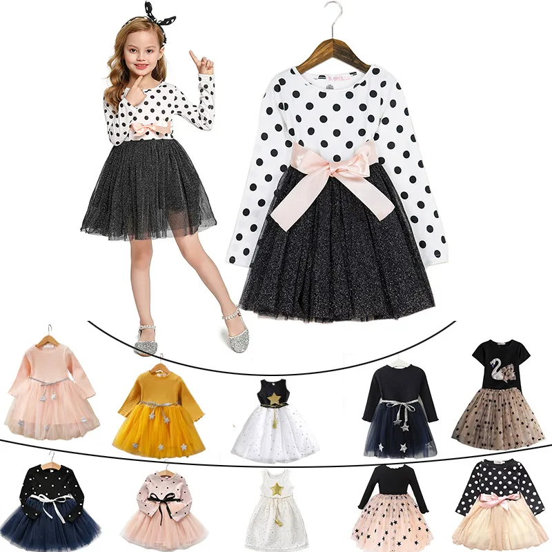 

Girls Party Dress Polka Dot Birthday Tutu Dress Long Sleeve Stars Pattern Children Casual Clothes Robe Kid Lace Princess Gown, As picture show