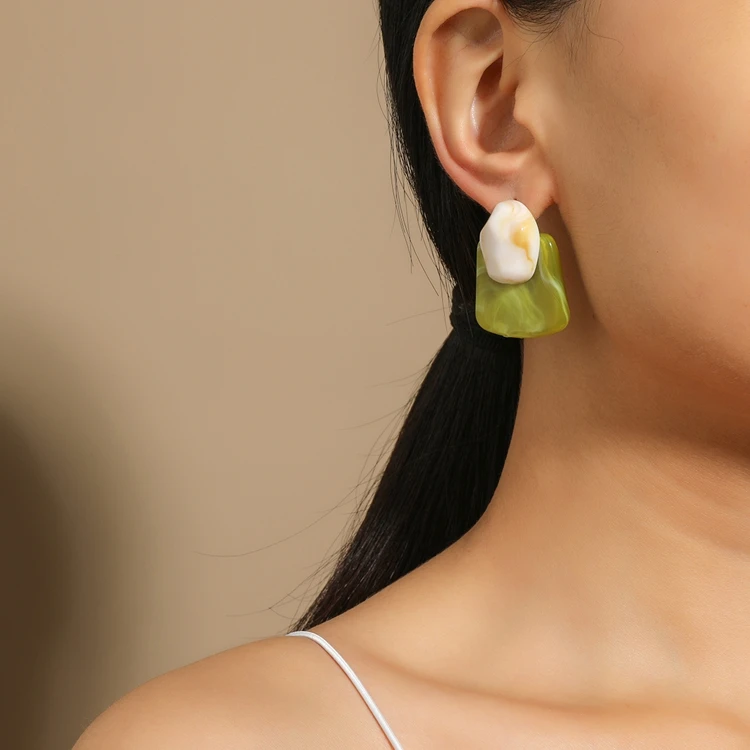 

Fashion Irregular Geometry Green Earrings Marble Pattern Acrylic Resin Stud Earrings