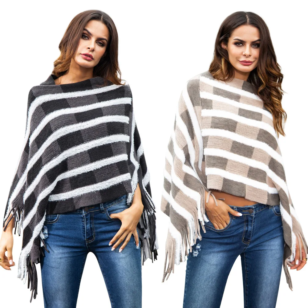 

fashion new model contrast color striped shawl cloak tassel irregular polyester knit pullover Sweater