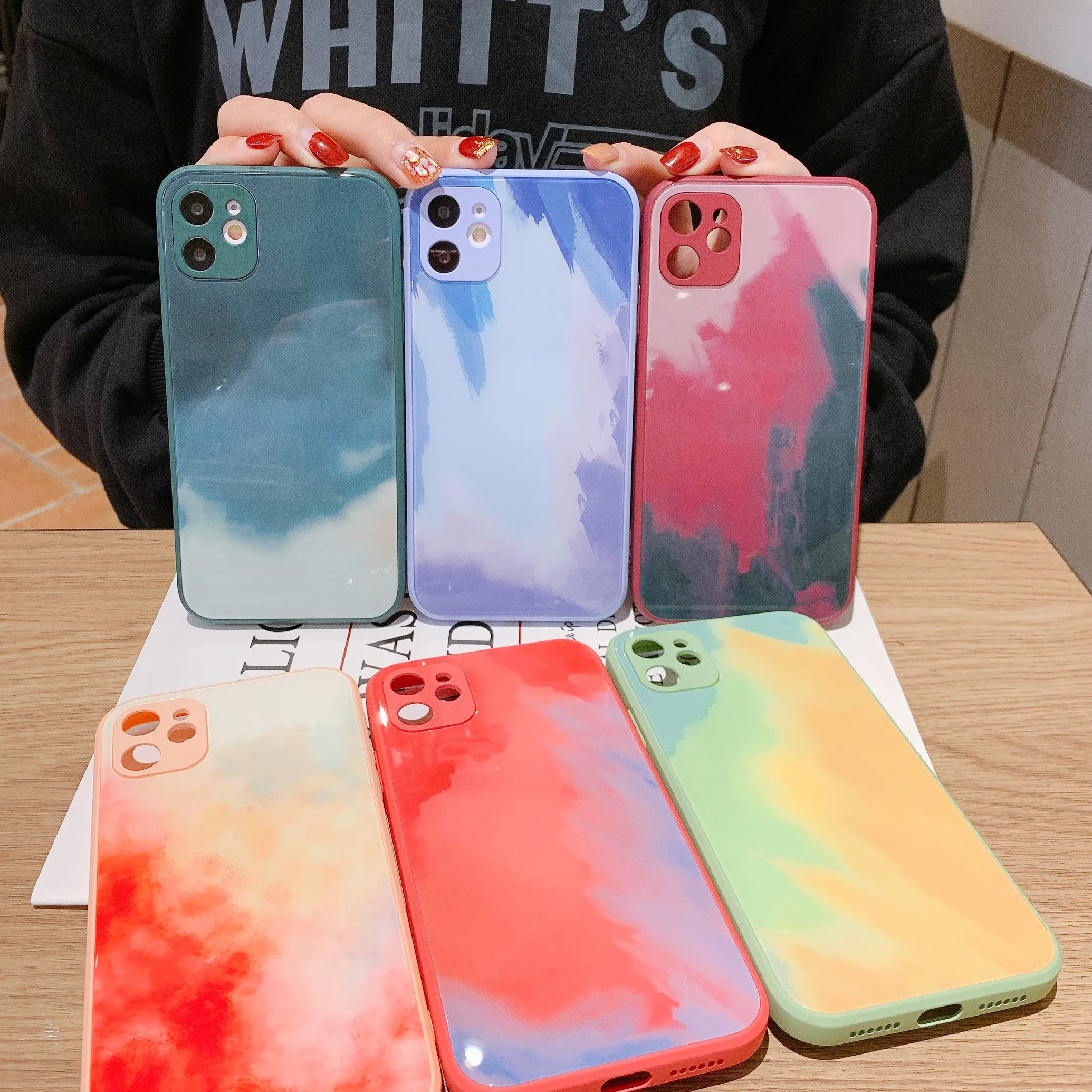 

Luxury Tempered Glass Case for iPhone 12 Pro Max X XR XS Max 8 7 6 Plus Tempered Glass Watercolor Back Cover For APPLE 12 Mini, Watercolor planting colors