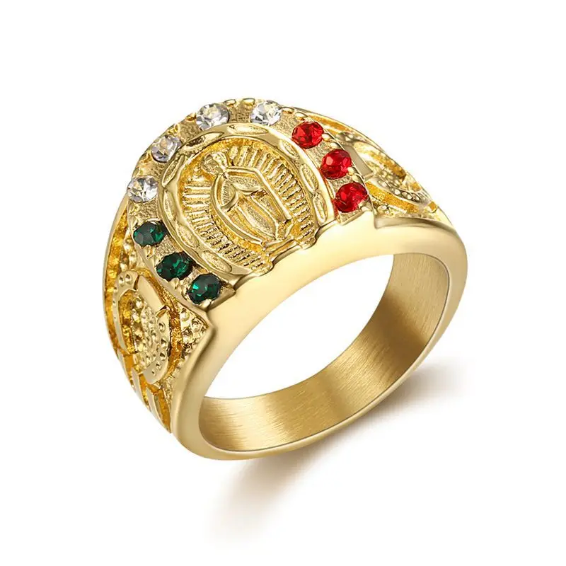 

Men's Diamond Hip Hop 316L Stainless Steel Catholic Virgin Mary Gold Ring Design