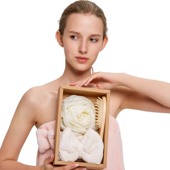 

Bathing Product Women Spa Kit Custom Shower Bath Spa Gift Set with Headband Towel Loofah Mesh Sponge and message brush, As picture shows