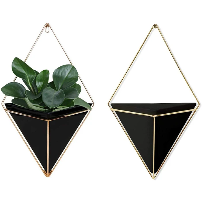 

Home Decor Black Geometric Ceramic Hanging Wall Planter with Metal Frame, As show or customized