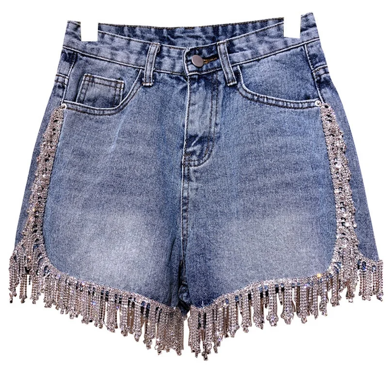 

2022 custom hot sale girl rhinestone fringed jeans fashion pants bling high waist blue denim diamond jeans woman jean shorts