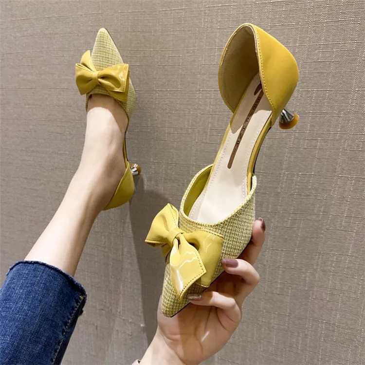 

Women's pointed butterfly fine heels fashion single shoes, Yellow, pink, beige