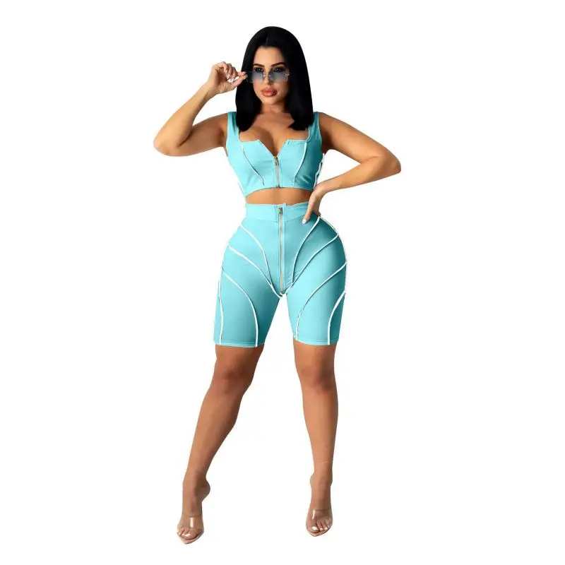 

2021 New fashion women spaghetti strap top and shorts two piece set plus size 2XL women clothing 2 piece sets