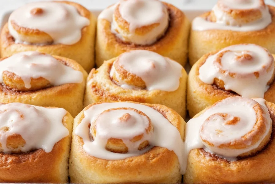 Perfect golden brown cinnamon rolls with cream cheese frosting drizzled on top, soft and fluffy texture visible in cross-section