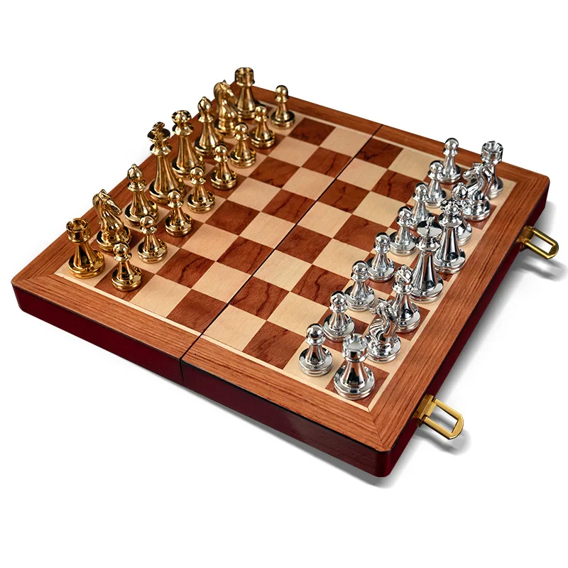 

High quality metal chess game hand silver gold chess pieces folding zinc alloy adult chess board set