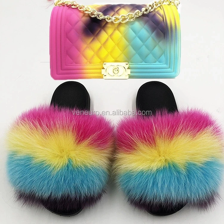 

Furry sandals rainbow lime green set real fox wholesale jelly purse and matching fur slides women fluffy slippers, Customized color