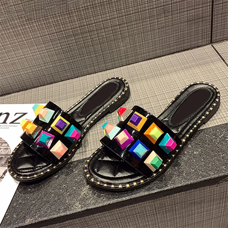 

LX-220 Hot sale colorful diamond beaded flat slippers for women wholesale summer shoes beach sandals la, Picture show , squine colors