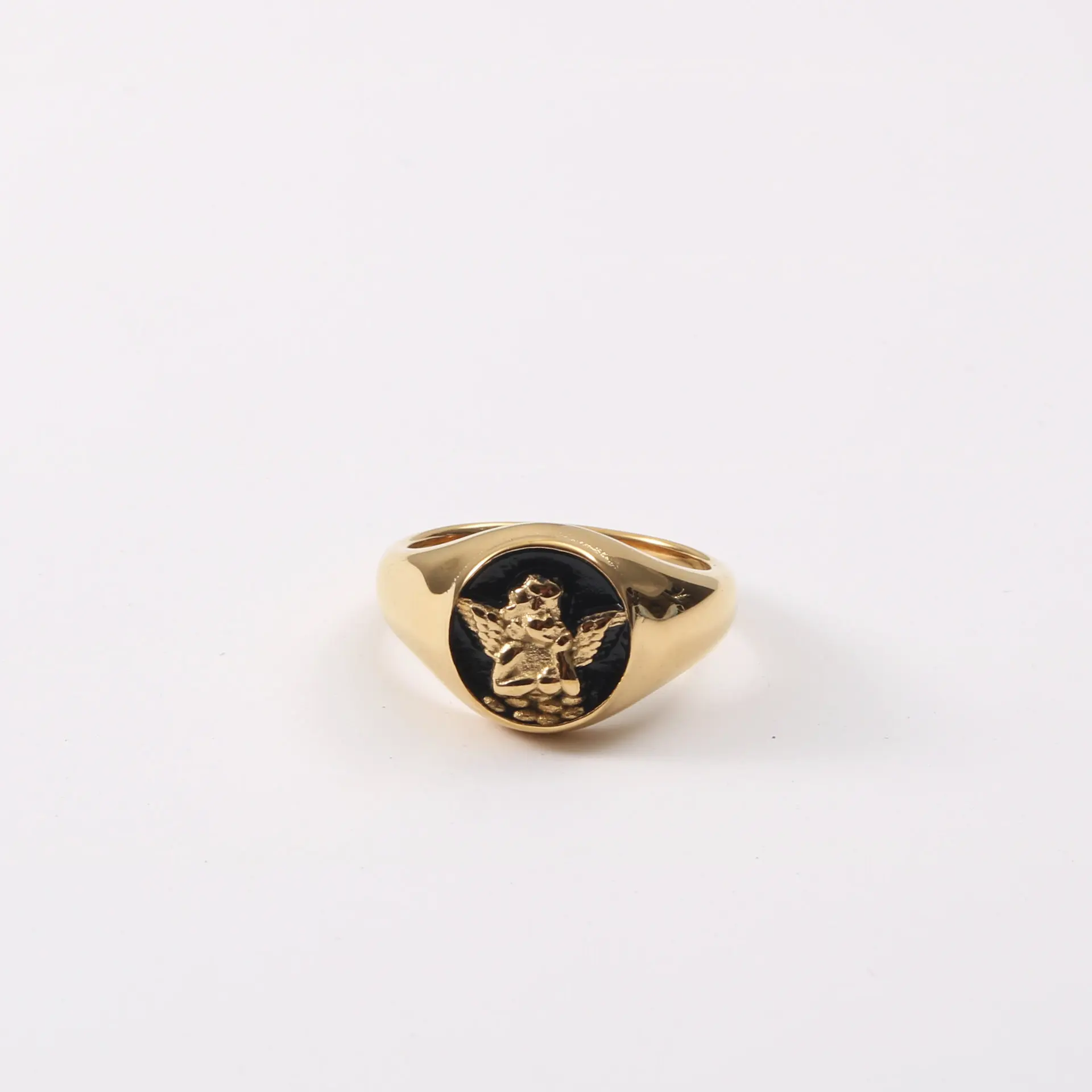 Joolim High End 18K Gold Plated Black Angel Stamp Rings for Women Finger Ring Wholesale