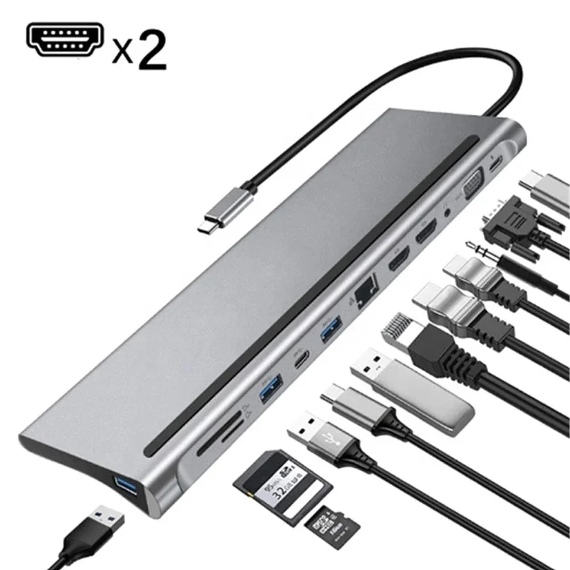 

12-In-1 USB Type-C Hub to Dual 4K30Hz HDMI Rj45 Multi USB 3.0 Power Adapter Docking Station for Laptop Support Pd Transmission, Silver