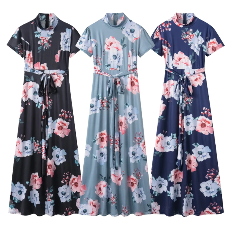 

2021 fashionable Summer O-neck Short Sleeve Floral Print Plus Size Maxi Dresses Women, Picture color