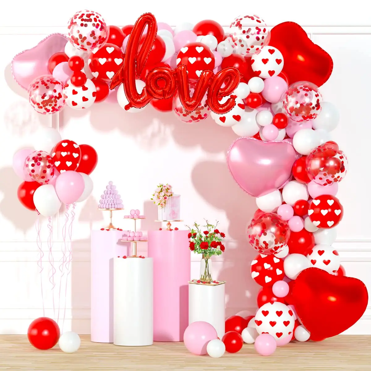 

C 128Pcs Valentine's Day Pink Red Confetti Love Heart Aluminum Mold Balloon Garland Arch Set Birthday Wedding Decoration Supplie