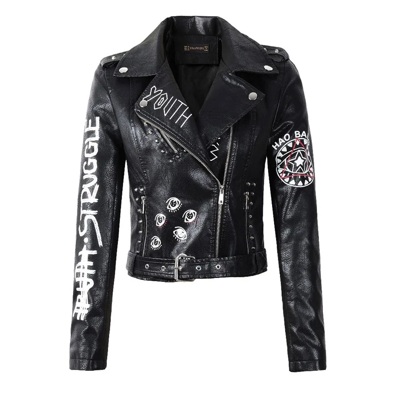 

2020 New Autumn Women Winter Faux Soft Leather Jackets Coats Lady Black PU Rivet Zipper Epaulet 3D Print Motorcycle Streetwear