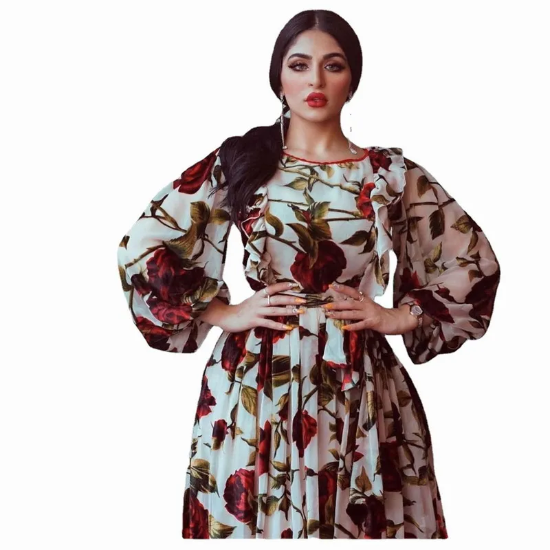 

Foma Dresses AB032 summer fall 2021 islamic women clothing romantic red rose floral ruffle muslim long sleeve maxi dress, 1 color