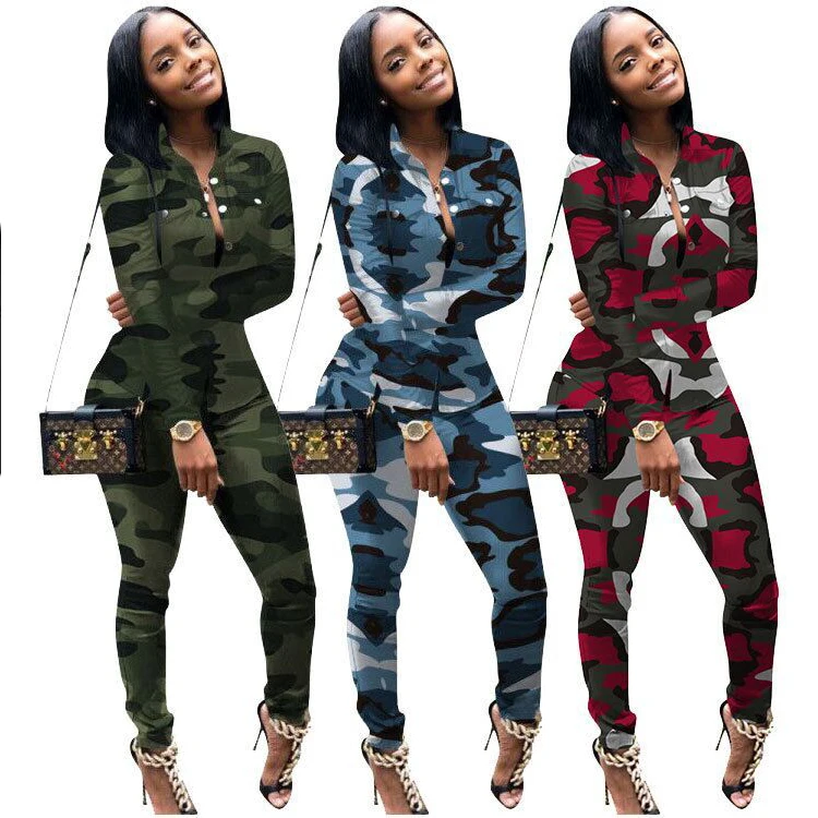 

Wholesale fashion colorful women's sports casual camouflage jacket two piece pants set, Picture color