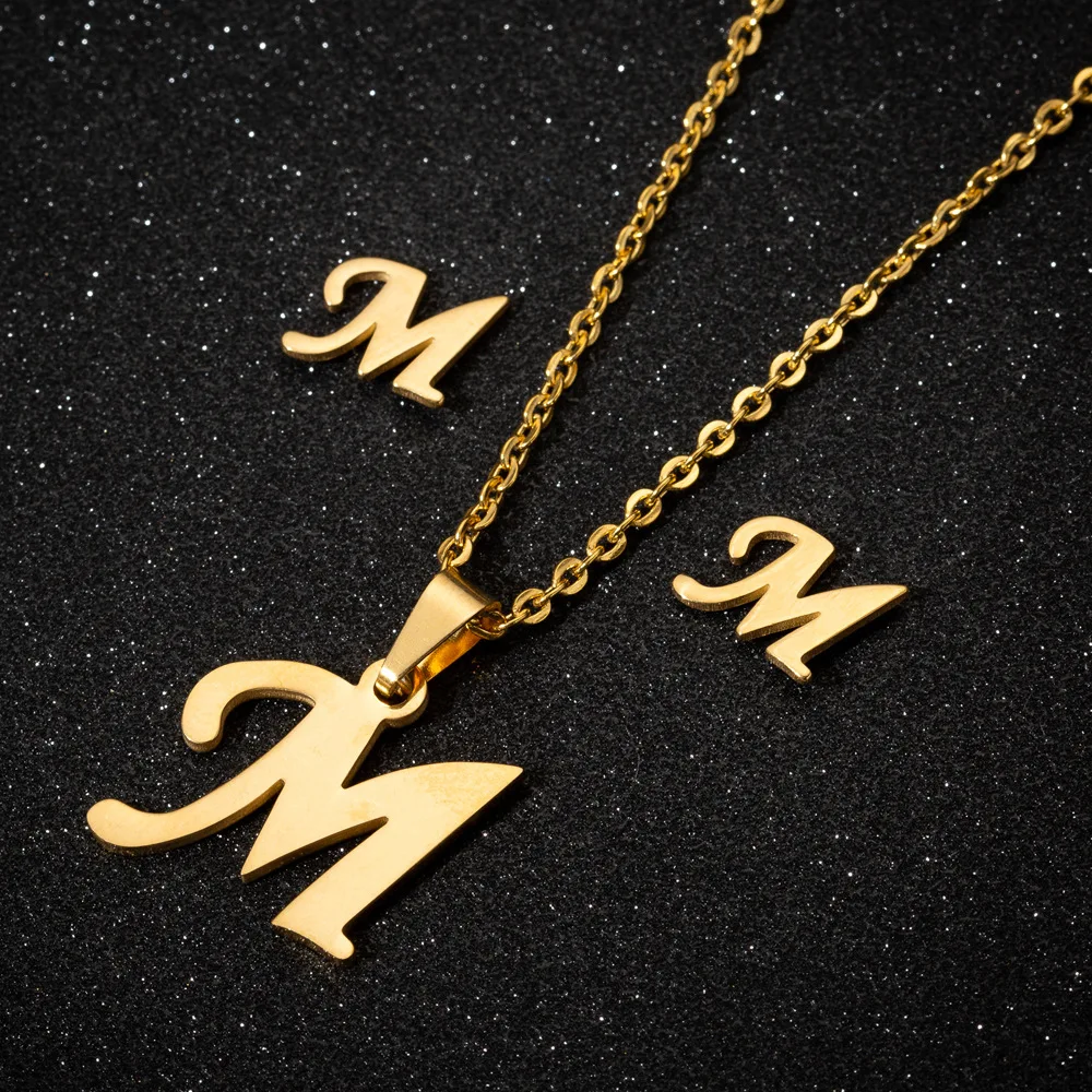 

High Quality Stainless Steel Gold Plated 26 English Pendant Necklace New Stainless Steel Women Jewelry Set Gift