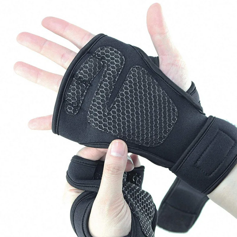 

High Quality non-slip silicone palm fitness Weightlifting compression wrist brace wraps New sports half-finger fitness gloves, Black