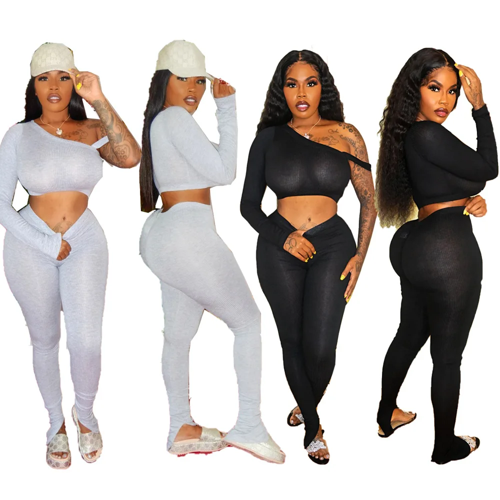 

2021 Summer Wears Women Sexy One Shoulder Top Two Piece Crop Top Pants Set Women Clothing, As picture