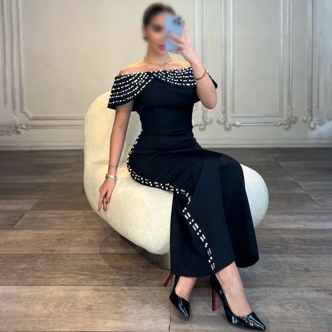 Off Shoulder Studded Diamond Bandage Evening Dress