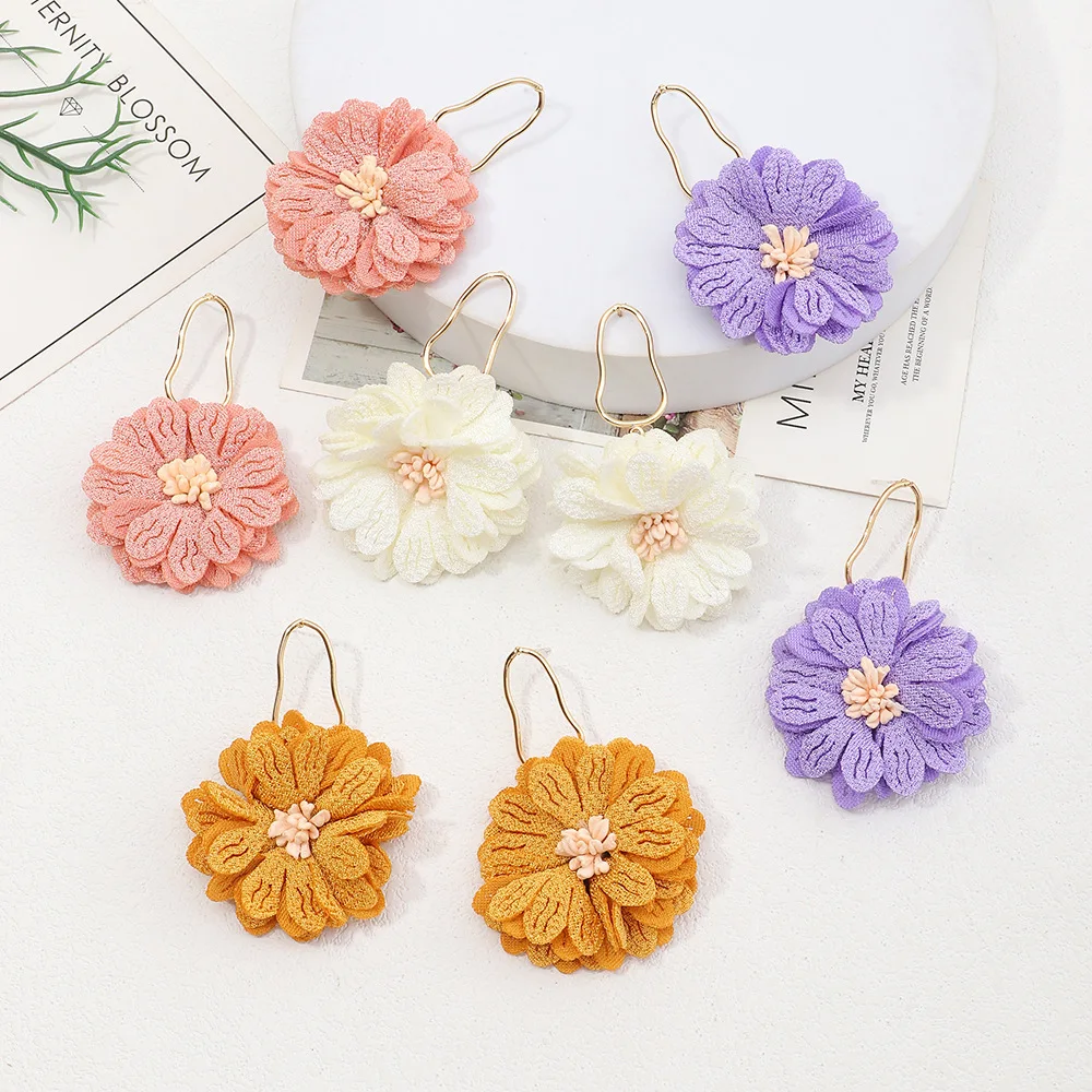 

Jachon New Design Boho Colorful Fabric Flower Drop Earrings Pink Purple Cloth Flower Dangle Earrings For Party