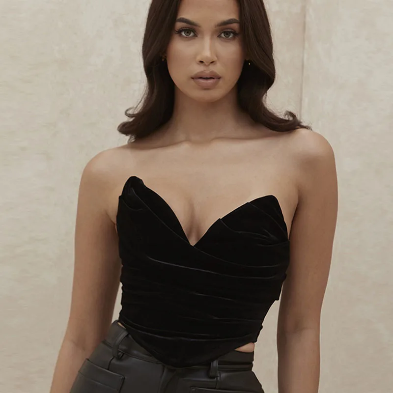 

High Fashion Deep V-neck Velvet Bustier Black Corset Top for Women, As picture